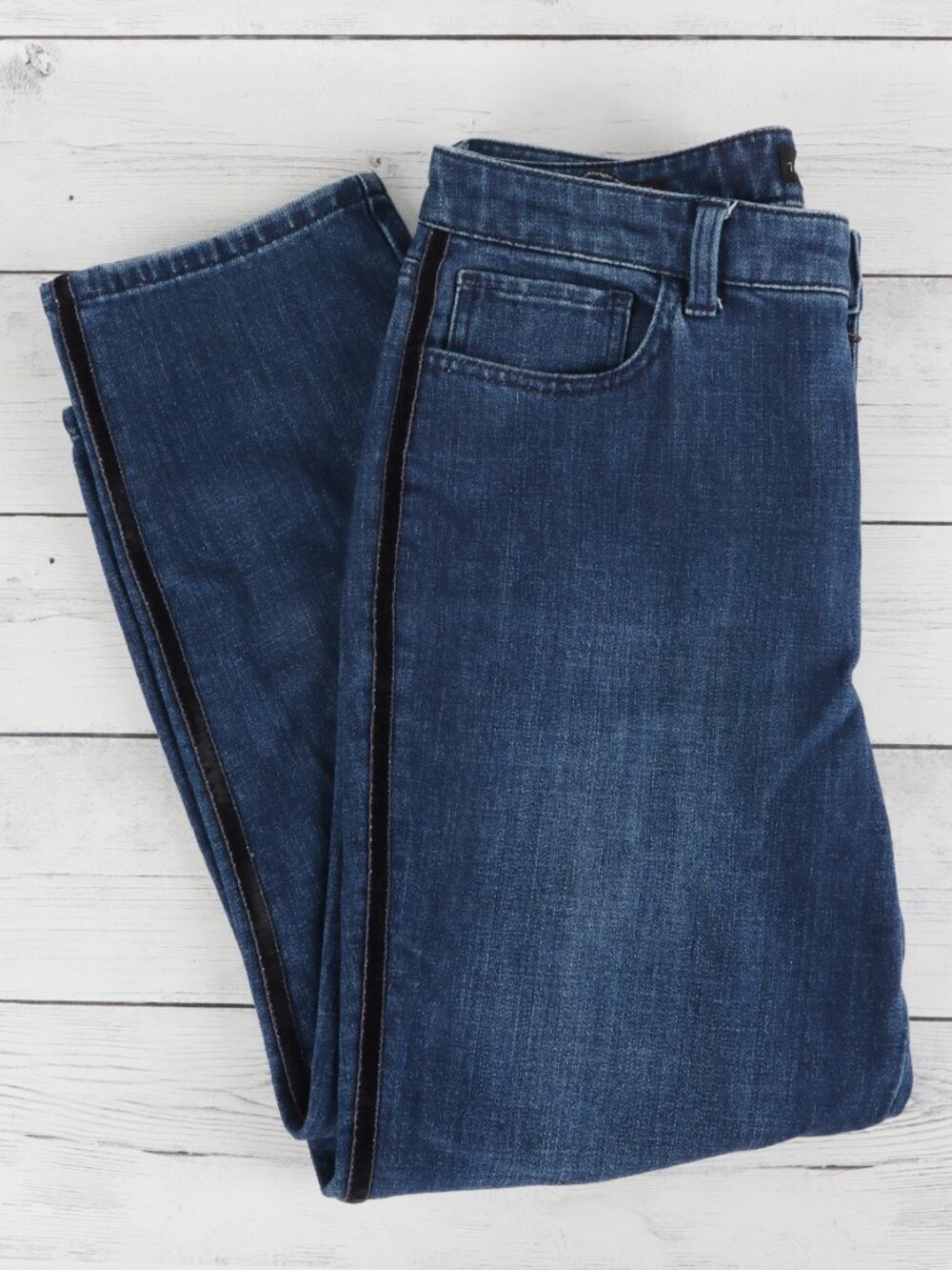 Talbots High Waist Straight Ankle Jeans 8P Petite Dark Indigo Black Side Stripe